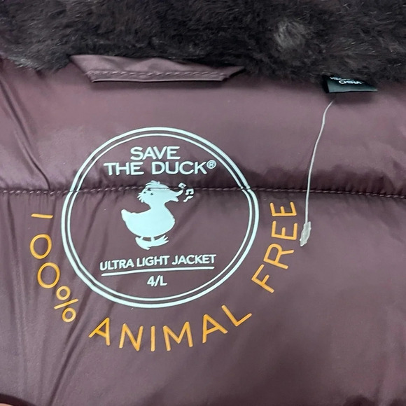 NEW Save The Duck Coat Womens Large Mei Puffer Jacket Burgundy Faux Fur Collar - Picture 8 of 11